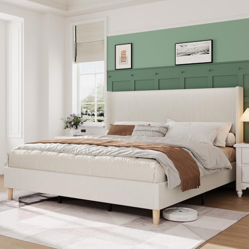 Garvee Queen Size Bed Frame, Corduroy Upholstered Queen Bed Frame with Wingback Headboard, No Box Spring Needed, Sturdy Wooden Slats, Noise Free, Yellow Cream