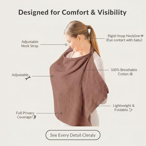 Image of Nursing Cover for Baby Breastfeeding - Breathable 100% Cotton Nursing Apron with Rigid Hoop, Privacy Cover, Lightweight Car Seat Canopy & Multi-Use Baby Essentials -Multi Color (Mocha /Cocoa)