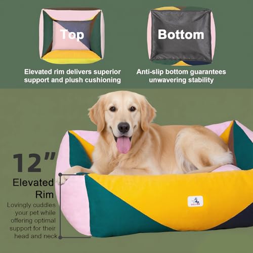 Image of Cotton Canvas Dog Bed, Dog Beds Large Sized Dog, Orthopedic Bed with Washable Removable Cover Durable 290 GSM Cotton Anti-chewing Pet Bed with Anti-Slip Bottom (38 inchx30 inchx12 inch, Pink&Yellow&Green)
