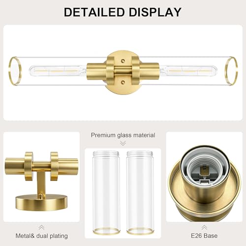 Image of Gold Wall Sconces, Bathroom Sconces Vanity Light Fixtures with Clear Glass, Set of 2, Brushed Gold Sconces Wall Decor, for Living Room /Bathroom Corridor Mirror /Bedroom Hallway Stairwell