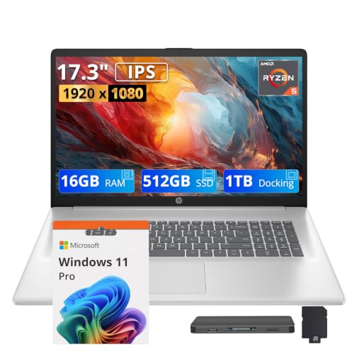 Image of HP 17.3 inch Diagonal FHD Laptop, AMD Ryzen 5 7430U, 16GB DDR4, 1.5TB Storage(512GB SSD+1TB Docking Station), AMD Radeon Graphics, Numeric keypad, 720p HD Camera, Win 11 Pro, Silver