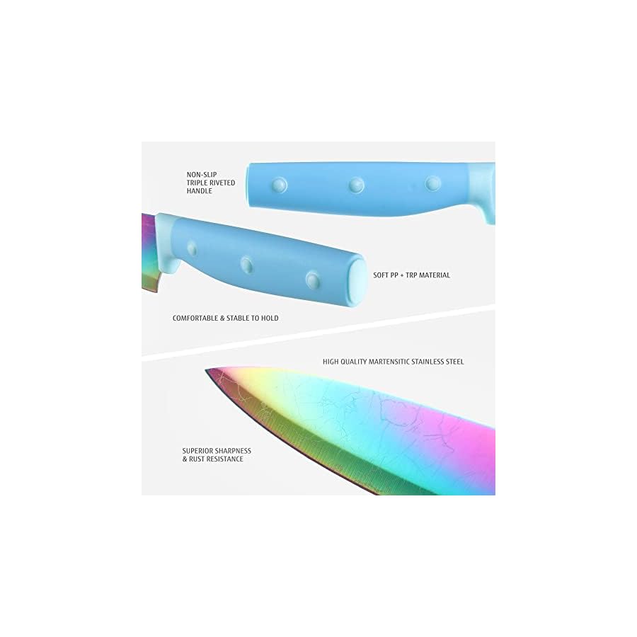 hecef-14-Pieces-Knife-Set-with-Block-Rainbow-Titanium-Knives-Set-with-Laser-Pattern-Martensitic-Stainless-Steel-Chef-Knife-Set-with-Sharpener-Steak-Knife-ScissorsBlue hecef 14 Pieces Knife Set with Block, Rainbow Titanium Knives Set with Laser Pattern, Martensitic Stainless Steel Chef Knife Set with Sharpener, Steak Knife, Scissors, Mothers Day Gift