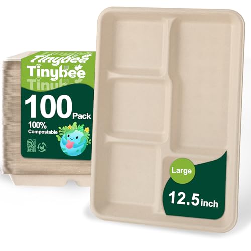 Tinybee 100% Compostable 5 Compartment Paper Plates, 12.5 * 8.6