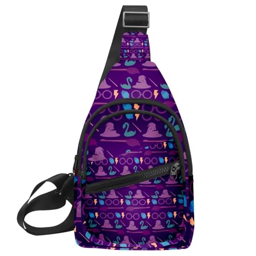 Bolso bandolera morado con patrón mágico y diseño ergonómico para el pecho