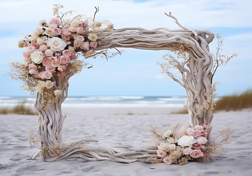 Driftwood Floral Arch Backdrop Pink White Roses Beach Background for Wedding Coastal Party Decorations Romantic Seaside Photo Studio Props 8X8ft Fabric
