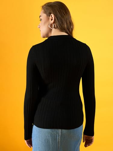 Image of 98 Degree Women Pure Cotton Collar Neck Sweater Has A Full Sleeve & Straight Hem-AW25AZG1165-BLACK