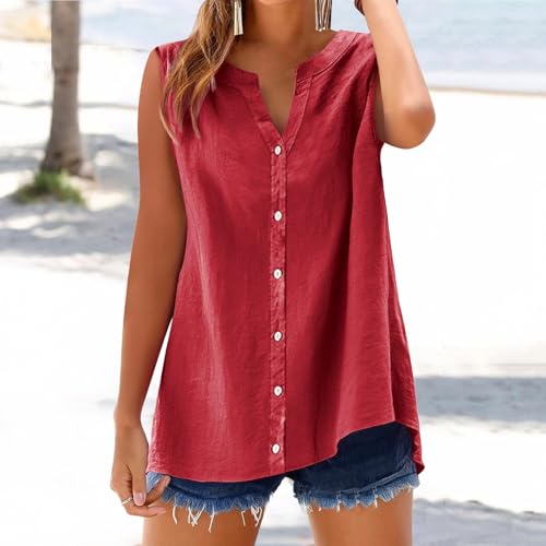Qgaomye Women's Linen V-Neck Sleeveless Oversized Blouse
