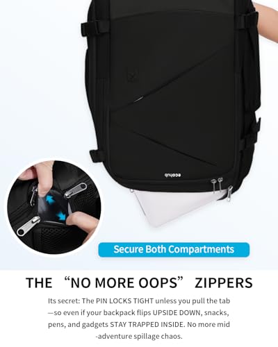 Image of ECOHUB 17 inch Small Unisex Travel Backpack United Airline Approved 17x10x9 Friendly Suitcase Anti-Theft Lockable Zippers Style Personal Item Bag Travel Essentials with 12 Pockets Water Resistant, Black
