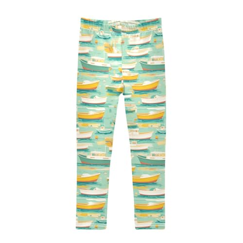 KLL White and Yellow Boats in Green Lake Pattern Little Girls Legging Stretchy Full Length Athleisure Pants Sports