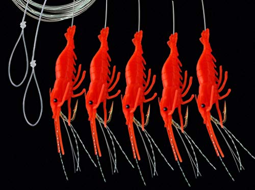 DEGA Makrelen-Shrimp Vorfach, mit 5 Seitenarmen, attraktive Shrimp-Imitate, Länge 150cm, Schnur 0,50mm, Hakengröße 1/0, 2 Farben zur Auswahl (Rot-Orange)
