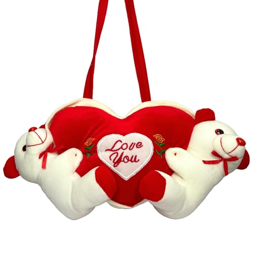 Image of DIKANG Hanging Couple Teddy Bear with Heart for Valentine's Day Gift | Valentine Gift for Boyfriend /Girlfriend /Husband /Wife - 20cm (Off-White & Red)