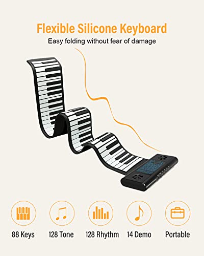 KONIX Piano enroulable à 88 touches, piano portable à rouler à la main pour enfant débutant avec Bluetooth et MIDI, 128 tons et rythmes, meilleur cadeau de Noël ou d’anniversaire - Les Beatles, Paul McCartney, John Lennon, RIngo Starr, George Harrison KONIX Piano enroulable à 88 touches, piano portable à rouler à la main pour enfant débutant avec Bluetooth et MIDI, 128 tons et rythmes, meilleur cadeau de Noël ou d'anniversaire – Image 4