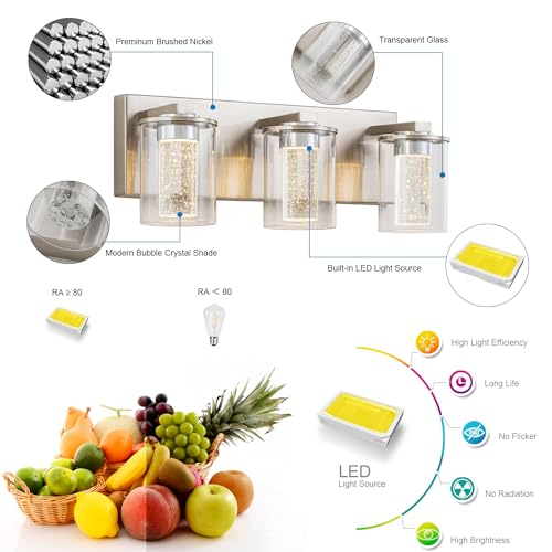 Image of SineRise Bathroom Vanity Light with 3 Color Modes (3000K /4000K /6000K), Eye Protection LED Bathroom Light Fixture, Dimmable Modern Wall Light Over Mirror with Clear Glass Shade (Nickel, 3-Light)