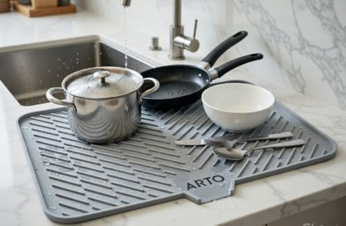 Image of ARTO Extra Large Silicone Dish Drying Mat for Kitchen Counter 58 x 43 cm | Premium Heat Resistant, Waterproof & Non-Slip Dish Drain Mat | Slope Design Auto Drainage System | Built-in Drain Lip (Large)