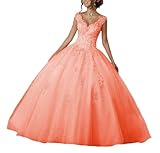 V-Neck Beading Laces Quinceanera Dresses for Girl's Puffy A-Line Ball Gowns Tulle Backless Sweet 15 16 Dress Coral