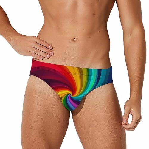 Vortex Swirling Colorful Rainbow Mens Swim Briefs Bikini Swimwear Print Beach Shorts Sexy Swimsuit M