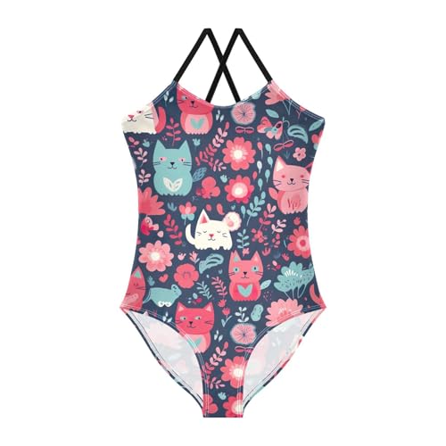 Cute Cat Flowers Floral Girls One Piece Swimsuit Beach Swimwear 20852653