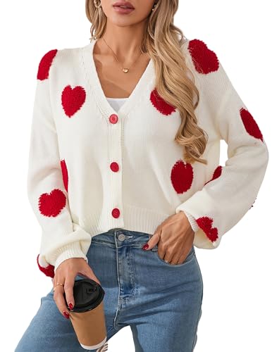 Womens Oversized Cute Heart Cropped Cardigan Spring 2025 Trendy Lightweight V Neck Button Sweater