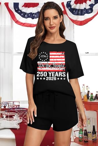 Image of VILOVE 4th of July 2 Piece Sequin Outfits Women 250 Anniversary Usa Shirts and Short Sets Casual Patriotic Shirt Summer Set