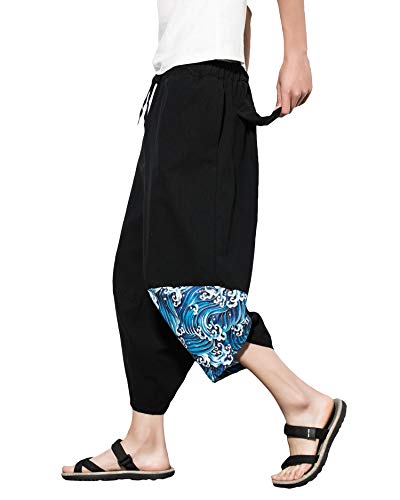 PRIJOUHE Men's Casual Wide Leg Baggy Harem Pant Lightweight Drop Crotch Summer Beach Linen Capri Pants