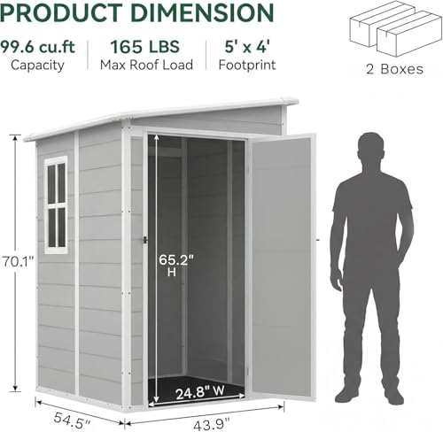 Image of Devoko 5 x 4 FT Plastic Outdoor Storage Shed with Floor, Light Grey | Waterproof Resin Tool Shed with Window, Outside Garden Shed with Lockable Door for Patio, Lawn, Backyard, Poolside