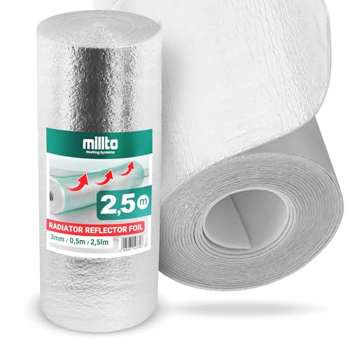 Millto™ Isolant Thermique Feuille 2,5m x 0,5m x 3mm | Isolation Durable Réflecteur Chaleur Radiateur Barrière Réfléchissante Économie d'Énergie Usage...