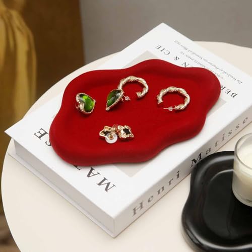 Image of Jewelry Dish Trinket Tray for Women, Ring Dish Holder, Unique Cloud Shape Ceramic Plate Cute Things Vanity Aesthetic Room Decor Mother's Day Birthday (Flocked Scarlett)