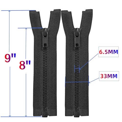 Image of MebuZip 2PCS #5 8 Inch Separating Jacket Zippers Resin Zipper Molded Plastic Zippers Bulk for Sewing Coat Jackets Clothes (Black)