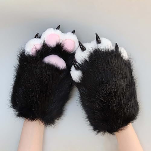 NexinEstic Schwarz Weiß Therian Pfoten Pelzig Pfoten Kunstpelz Katzenpfoten Handschuhe, Therian Handschuhe mit Krallen, Fursuit Pelziges Kostüm Cosplay Katzen Wolf Fuchs Kostüm
