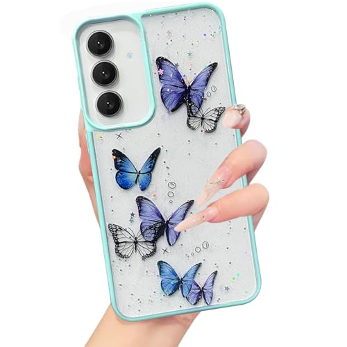 Image of VONZEE for Samsung Galaxy S24 FE Clear Glitter Butterfly Case, Cute Bling Sparkle Shiny Soft Silicone TPU Bumper Shockproof Women Girls Slim Protective Phone Cover for Galaxy S24 FE, Mint