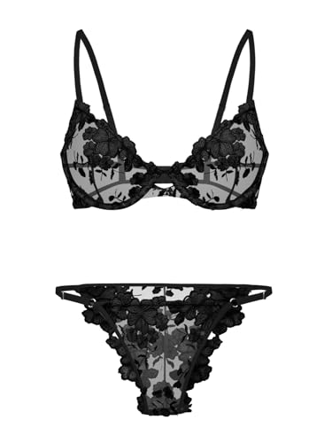 Image of Lilosy Sexy Floral Embroidered Mesh Sheer Underwire Lingerie Set