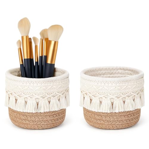 Kotkiddy 2 Stück Make-up-Pinselhalter, Organizer, Kammpinsel, Mini-Aufbewahrungskorb, Körben mit Boho-Dekor für Stifte, Bleistiftbox, Behälter, 10×10cm，Gelb und Weiß