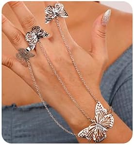 Xerling Silver Butterfly Finger Ring Bracelets Women Boho Ring Bracelets Hand Chain for Link Chain Hand Jewelry for Women