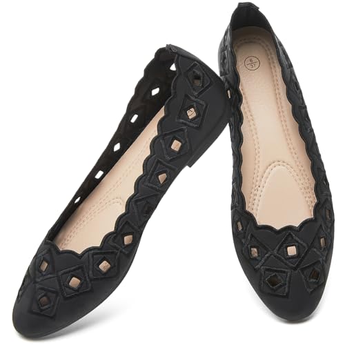 Women's Ballet Flats Shoes with Breathable Eyelet,Black and White Dress Shoes for Women,Soft Memoery Foam Flats for Women