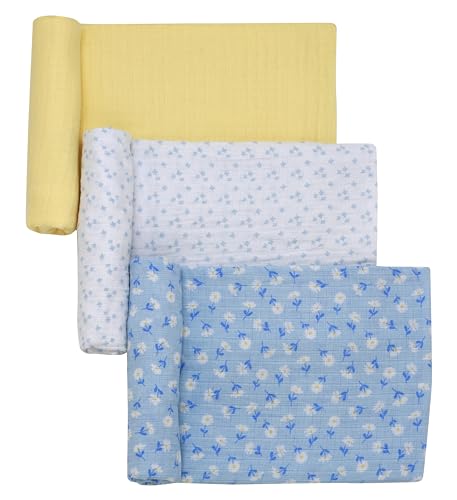 Image of 3 Pack Cotton Muslin Swaddle Blankets for Baby, 40 inch x 36 inch, Lightweight, Breathable, Multicolored, (Little Me Daisy Print)