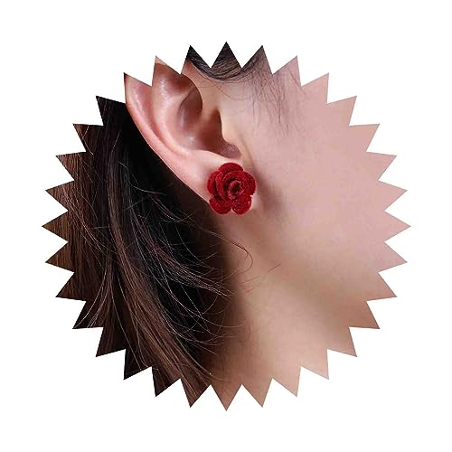 Cimenexe Bohemian Rose Flower Earrings Red Camellia Stud Earrings Velvet Camellia Flower Earrings Vintage Floral Rose Earrings Jewelry for Women and Girls