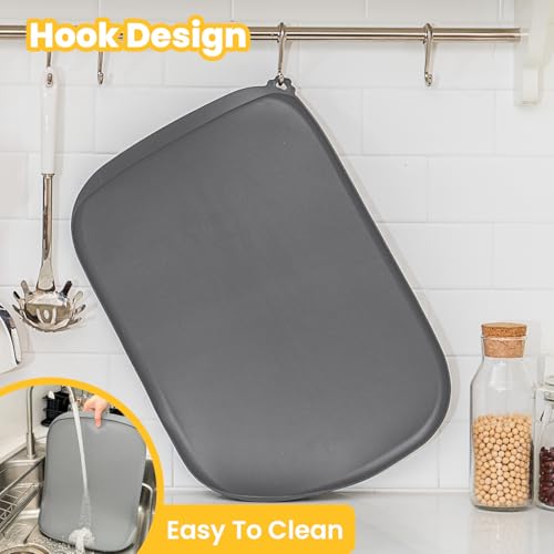 Silicone Dog Food Mat with Side Pocket & Hook Hole, Soft Raised Edges, Easy Clean Waterproof Non-Slip Pet Feeding Mat for Cats and Dogs Water Bowl, Pets Accessories(18\"x12\",Natural Tan)