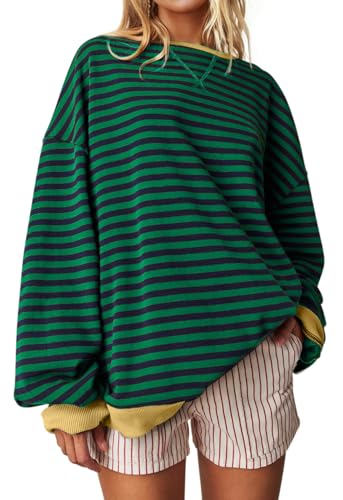 Image of UEU Women Oversized Striped Crewneck Sweatshirt Long Sleeve Color Block Pullover Tops Casual Loose Workout Shirt
