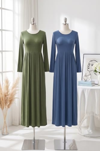 Image of AUSELILY Womens Long Sleeve Maxi Dress Casual Empire Waist with Pockets