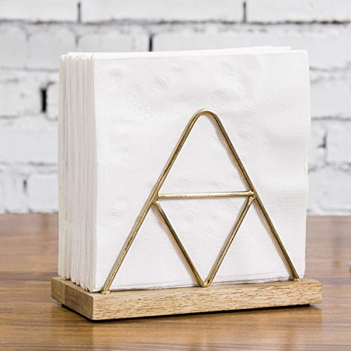Mygift KIT1379BAS Metal And Wooden Paper Napkin Holder For Table With Brass Plated Wire Triangle Design & Solid Mango Wood Base cover