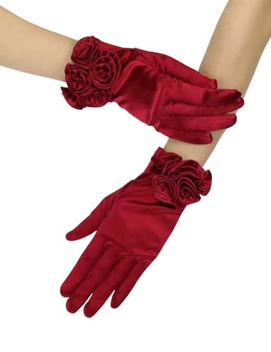 Goiruiya Short Satin Floral Gloves Elegant Wedding Dress Gloves for Opera Dinner Party Accessories Burgundy