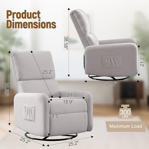 Image of Korser 360 Rocking Chair, Nursery Rocker Chair with Side Pockets, Glider Nursing Chair with Steel Structure Base, Small Chair for Small Spaces, Sherpa Swivel Accent Chairs for Living Room, Nursing