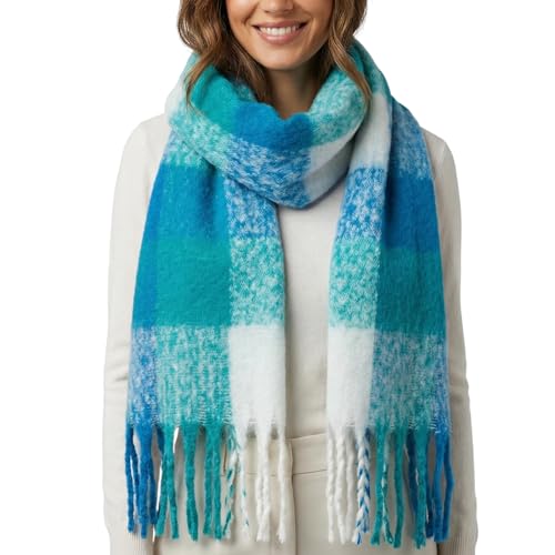 MIJOMA Damen Schal kariert mit Fransen – Flauschiger Winterschal lang & weich – Modischer Halstuch-Schal 200x40 cm – Stylisches Accessoire für Herbst & Winter (Petrol...