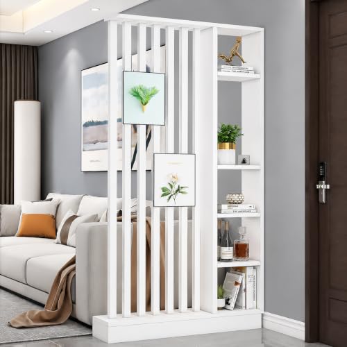 Image of Modern Wooden Room Divider with Storage Shelves | Partition for Living Room & Entryway | Decorative Display Rack with Vertical Slats ((108X48X6 White))