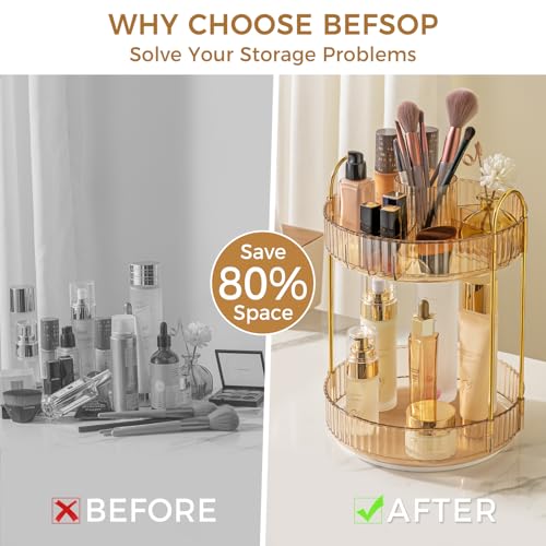 Image of 360 Rotating Makeup Organizer, Upgraded 2 Tier Skincare Perfume Organizers for Women, Bathroom Organizer Countertop, Clear Cosmetic Dresser Organizer with Makeup Brush Holder, Sink&Counter(Amber)