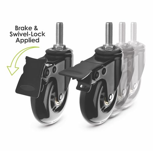 Slipstick CB693 Premium 76mm Rubber Caster Wheels with Brake (4 Pack) Replacement Rollerblade Style Swivel Casters with 3/8"– 16x1” Threaded Stem, Includes Mounting Hardware, Black/Clear Castor
