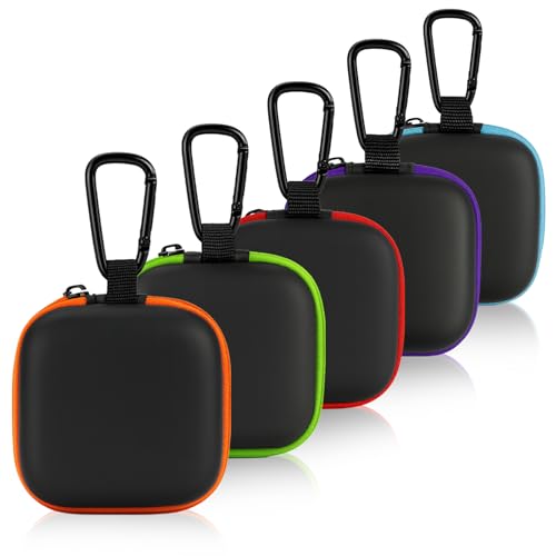 5-Pack Portable Square Earbud Carrying Cases – Multi-Color EVA+PU Leather Storage Bags with Carabiner for Earphones, SD Cards & Small Accessories