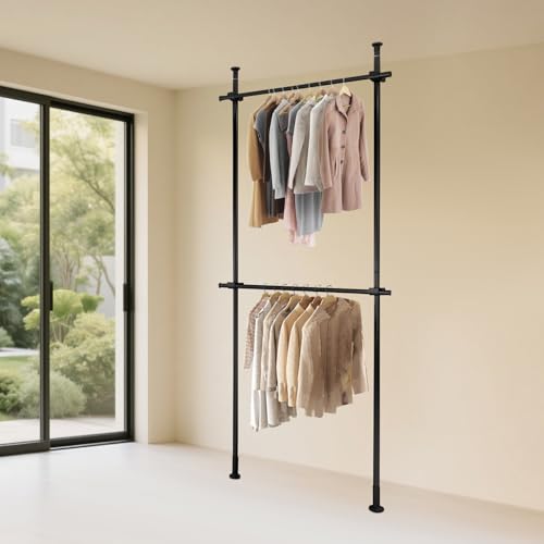 Peakora Wall Mounted Closet System No Drill Freestanding Closet Organizer with 2 Rods Heavy-Duty Laundry Storage System Expands 43-120 Inch, Holds 220lbs, Black