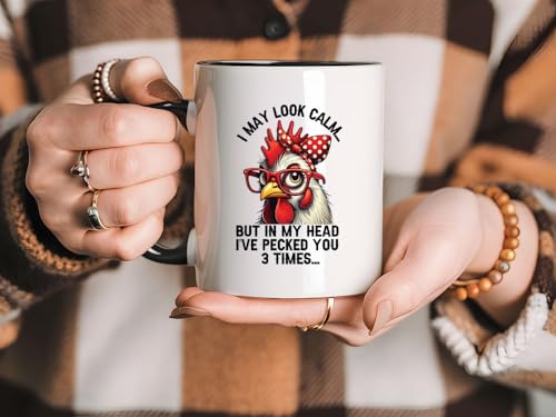 Funny-Chicken-Rooster-Gift-Mug-for-FarmerFarmhouse-Chicken-Lover-Mug-for-WomenI-May-Look-Calm-But-In-My-Head-Ive-Pecked-You-3-Times-Ceramic-Coffee-Cup-11OZ-AWFM110 Funny Chicken Rooster Gift Mug for FarmerFarmhouse Chicken Lover Mug for WomenI May Look Calm But In My Head Ive Pecked You 3 Times Ceramic Coffee Cup 11OZ AWFM110