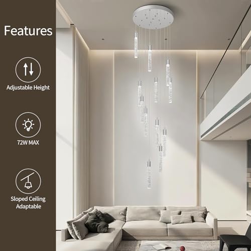 Image of 12 Light Living Room Chandelier Chrome Crystal Pendant Lights LED Dimmable 72W 6000K Staircase Large Chandelier Lobby Living Room Foyer High Ceiling Chandeliers